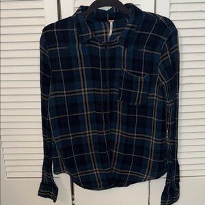 Free People Navy Plaid Button Down Shirt